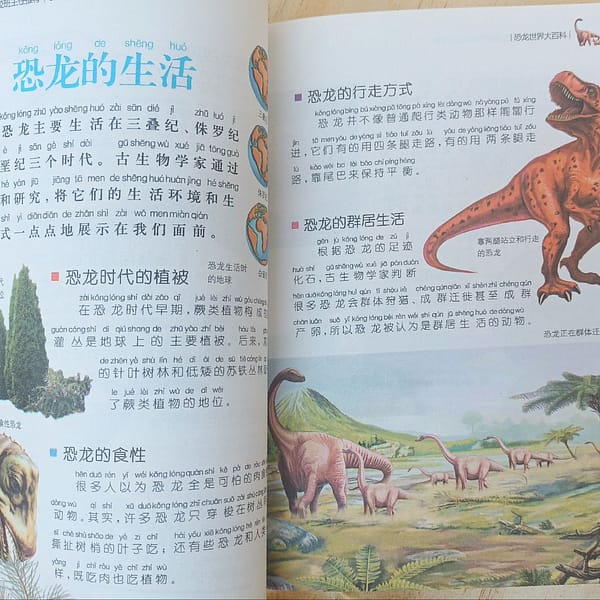 Enciclopedia del mundo de los dinosaurios, libro en chino mandarín
